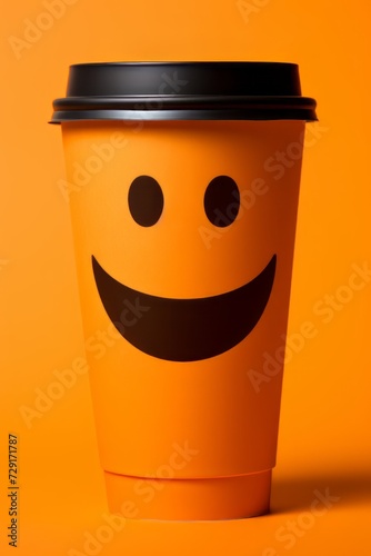 Coffee to go with smiley face isolated on orange background