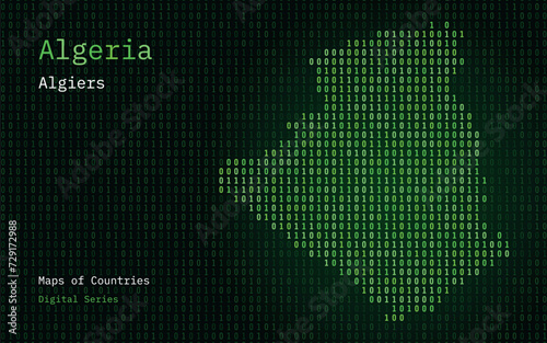 Algeria Map Shown in Binary Code Pattern. TSMC. Matrix numbers, zero, one. World Countries Vector Maps. Digital Series