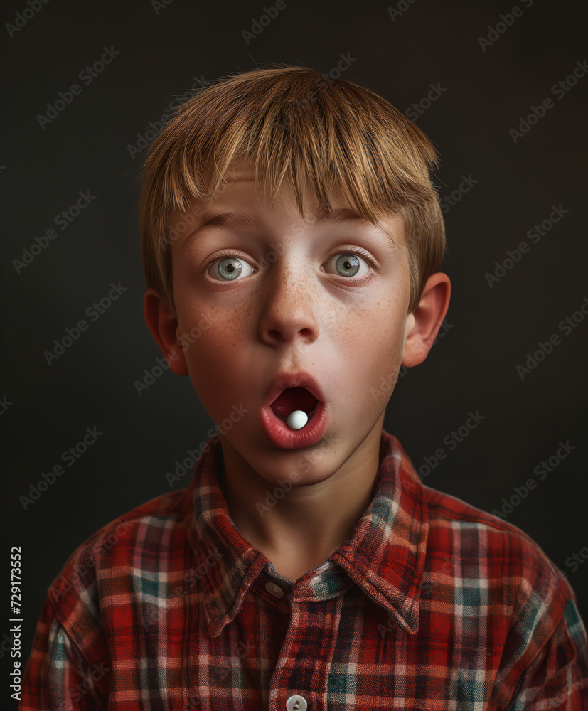 Boy with pill in mouth, concept of medication for children.
Boy with pill in mouth, concept of medication for children.
