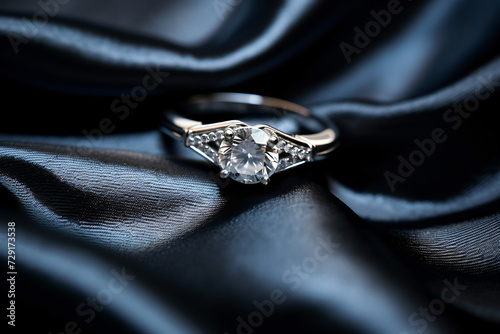 A beautiful diamond and platinum engagement ring presented on black silk cloth