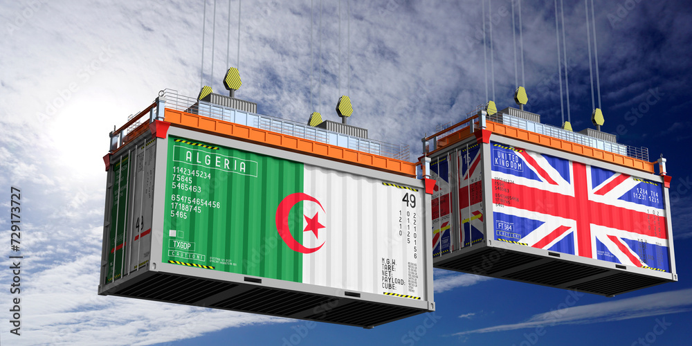 Shipping containers with flags of Algeria and United Kingdom - 3D illustration