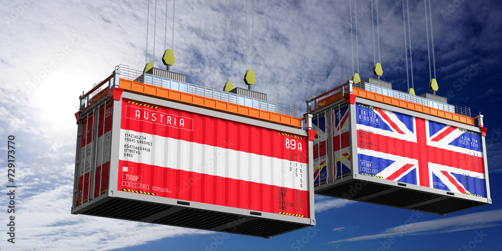 Shipping containers with flags of Austria and United Kingdom - 3D illustration