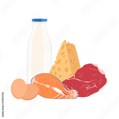 Set with animal food. Meat, slice fish, cheese, milk, eggs isolated on white background. 