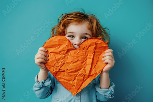 niño pelirrojo  sosteniendo un corazón de cartulina arrugado de color naranja hecho por el para su madre y su padre  sobre fondo azul. Concepto dia de la madre, dia del padre 