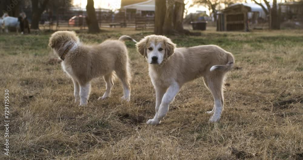 Full shot of two Anatolian Shepherd mixed Great Pyrenees on field at golden hour Full shot of two Anatolian Shepherd mixed Great Pyrenees on field at golden hour