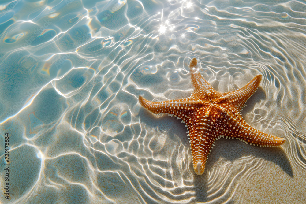 Tranquil Shore with Starfish Resting in Sunlit Crystal Clear Waters Tranquil Shore with Starfish Resting in Sunlit Crystal Clear Waters