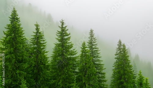 green forest in the morning, pine tree and fog in the mountains