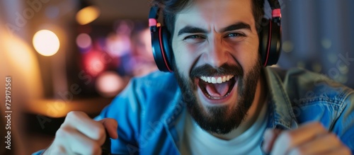 Bearded Hispanic man happily playing video games with headphones, showing a successful gesture.