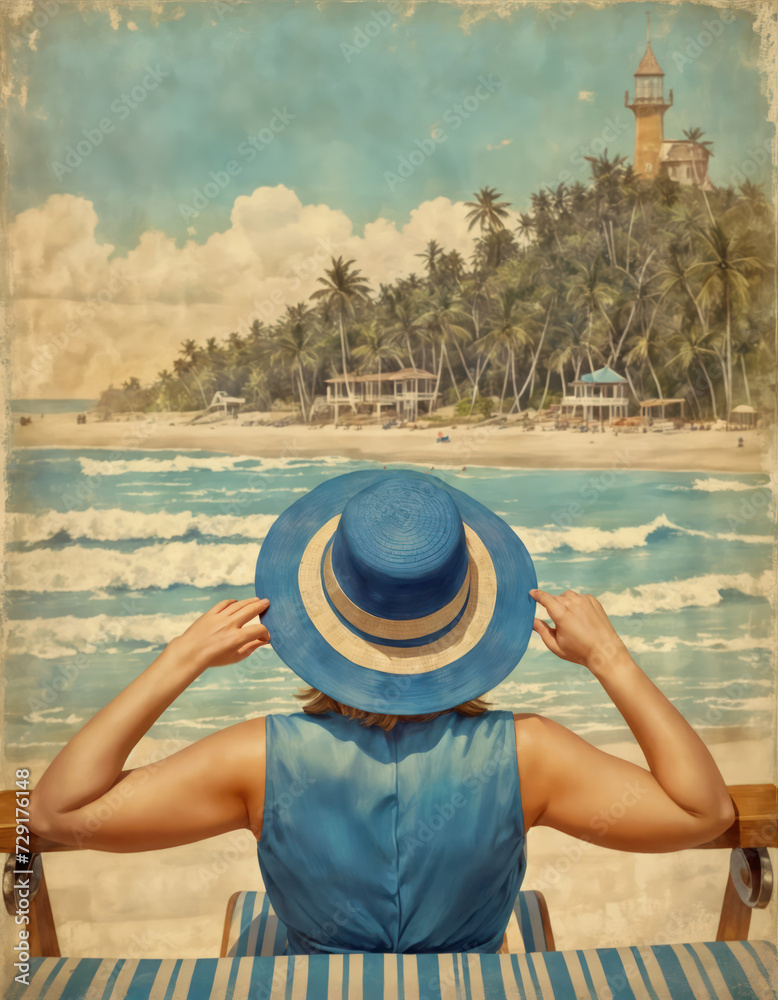 A woman in a blue dress and hat sits on the beach in a chair and looks at the ocean. Vintage style