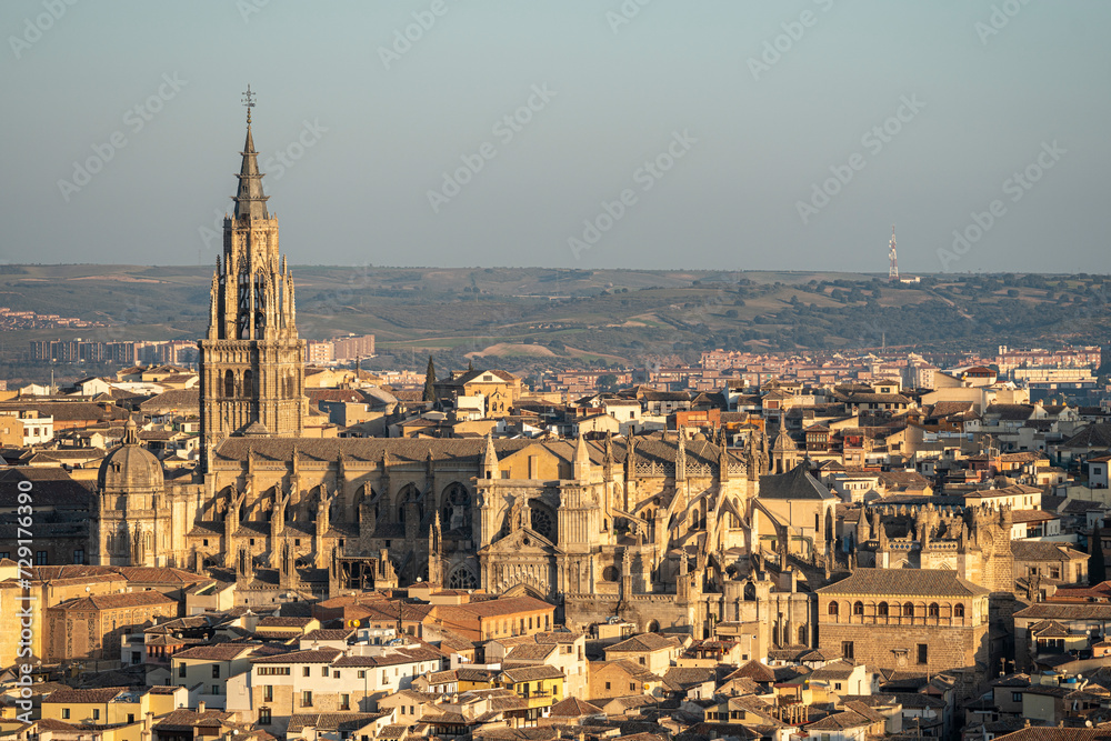 Toledo Cathedral during sunrise on a sunny day