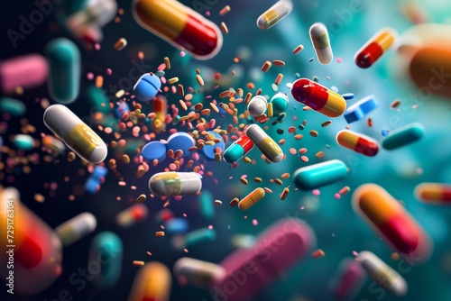 Medicine, pills, capsules health wellness treatment. Pharmaceuticals, vitamins prescription drugs, aid curing illnesses. White tablets medical care treatment. Addiction Pill misuse through healthcare.