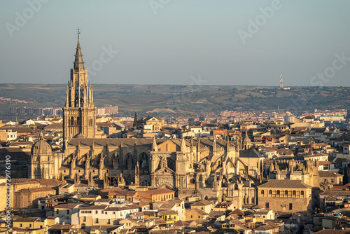 Toledo Cathedral during sunrise on a sunny day