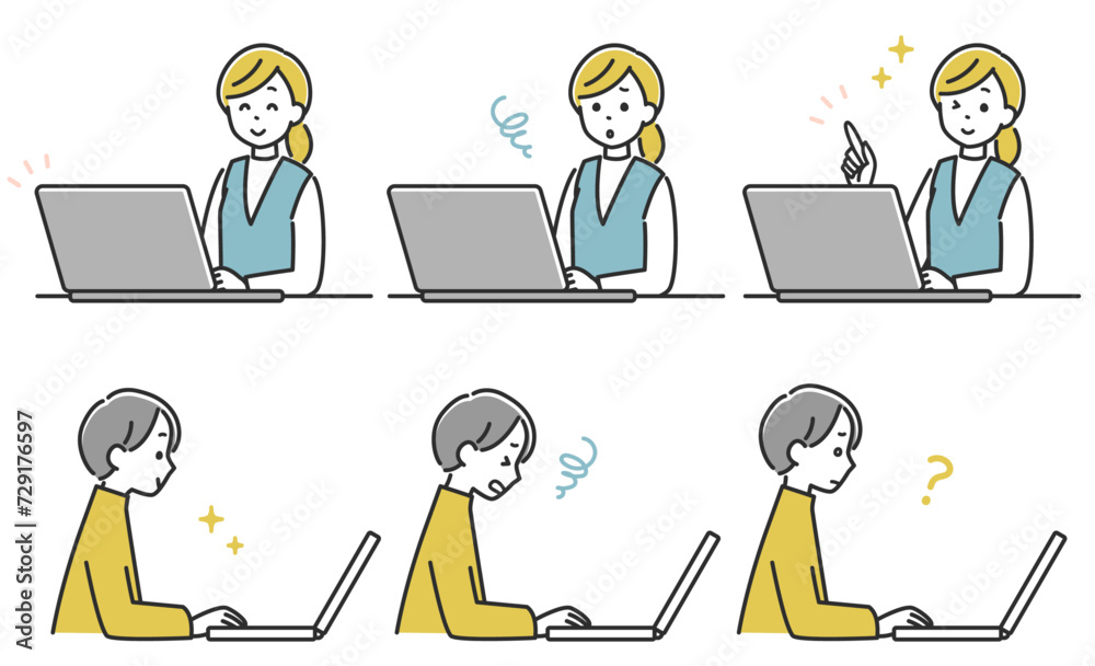 ノートパソコンを操作する女性の感情セット