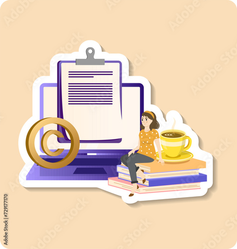 Copywriter sticker illustration. Editor and copywriting services online. Tiny people copywriters checking grammar and spelling document page. Vector sticker illustration on white background