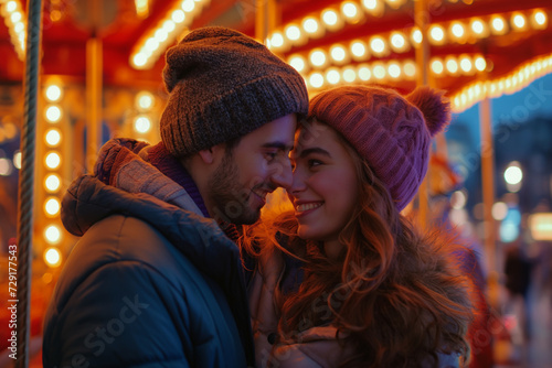 Affectionate young tourist couple at an illuminated carousel in the city at dusk