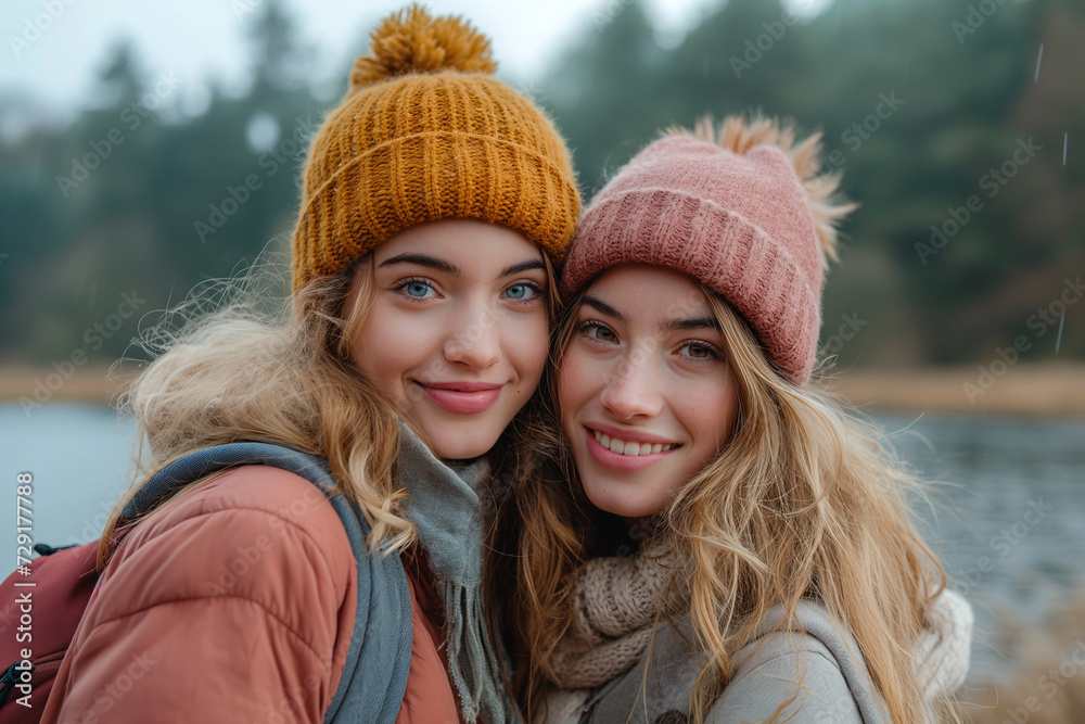 A young woman with her friend takes a selfie on a mobile phone on the shore of a lake in autumn A young woman with her friend takes a selfie on a mobile phone on the shore of a lake in autumn