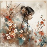 Ethereal Beauty Amidst Blooming plum bossom with Chinese cheongsam girl with Generative AI.