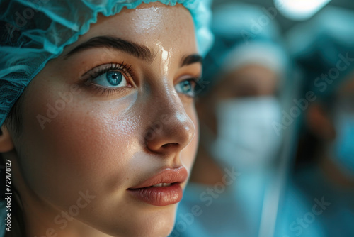 Close Up of Woman Wearing Surgical Cap