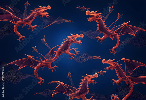 Abstract flying dragons on a dark blue