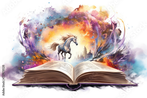 open book fairy tale magical unicorn watercolor design