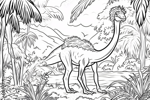 Therizinosaurus Dinosaur Black White Linear Doodles Line Art Coloring Page  Kids Coloring Book