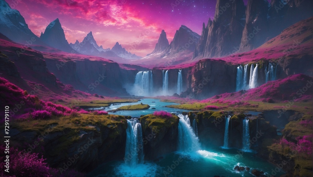 A mystical valley with floating islands, waterfalls cascading into the void, under an aurora of vibrant purples and pinks Generative AI - obrazy, fototapety, plakaty 