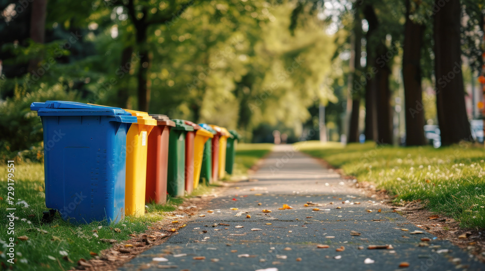 Colorful Row of Trash Cans Alongside a Road, Recycle concept Colorful Row of Trash Cans Alongside a Road, Recycle concept