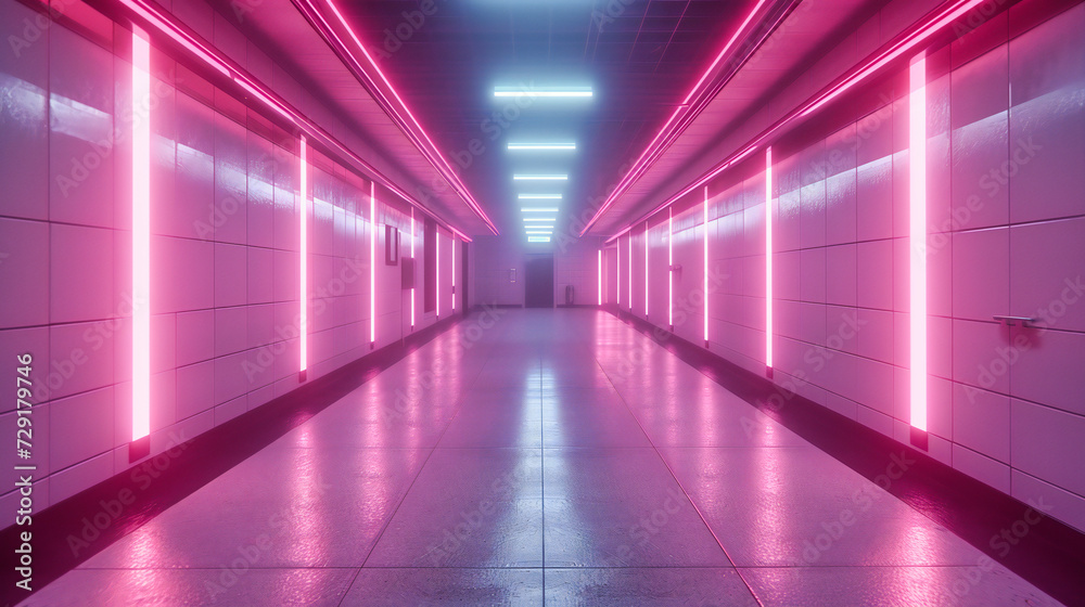 Fototapeta premium Architectural tunnel with modern lighting, showcasing a unique and futuristic corridor design with a blend of blue neon elements and abstract aesthetics