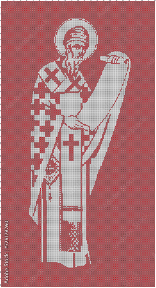 Christian vintage one color embroidery pattern. Red and white image of Saint Spyridon, Bishop of Trimythous