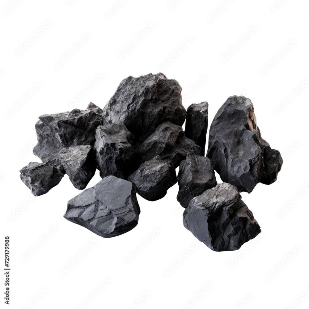 Collection of different types of coal on transparent background