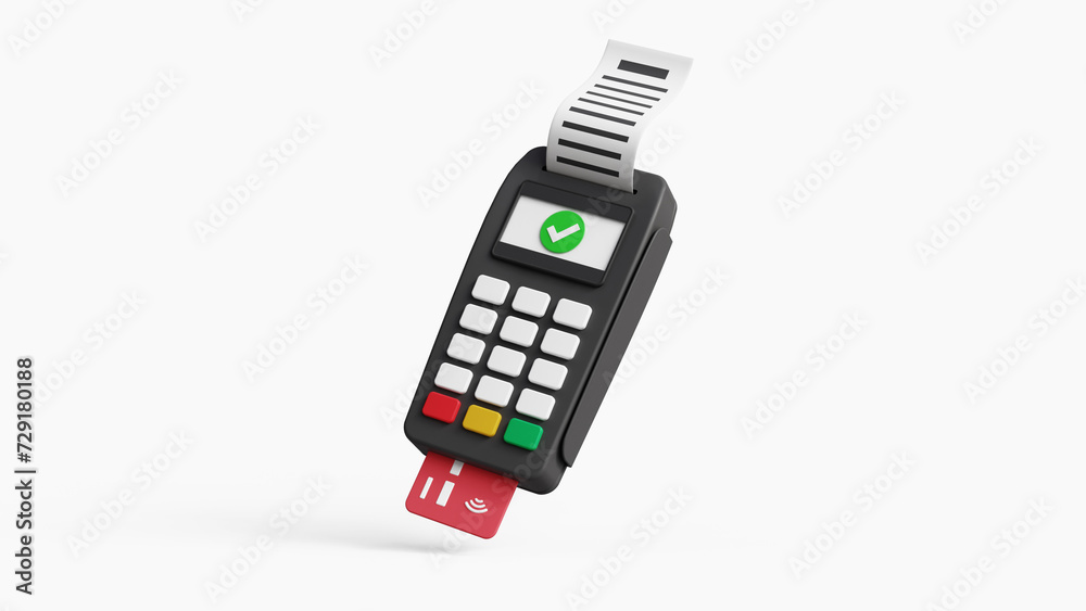 Paying for purchases with a credit card. Online payment terminal concept. Pos terminal. Contactless payment transaction. 3D pos terminal with bank card and receipt. 3d illustration Paying for purchases with a credit card. Online payment terminal concept. Pos terminal. Contactless payment transaction. 3D pos terminal with bank card and receipt. 3d illustration