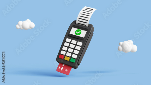 3D payment terminal with card and receipt. Digital money transfer. POS bank payment device. Payment NFC keypad machine. Credit debit card reader. Contactless payment transaction. 3d illustration photo