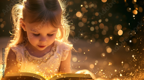 Little Girl Reading a Book in the Dark