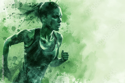 Athletic athlete in action, woman green watercolor with copy space © Aris