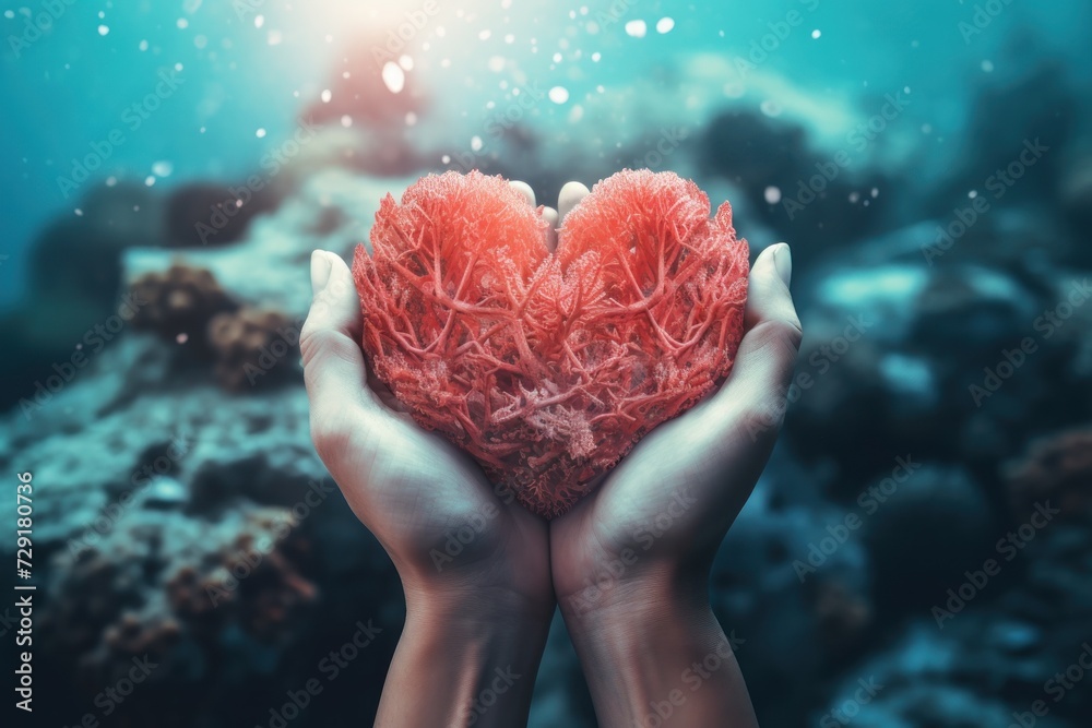 Red coral heart-shaped in mans hands under the sea waters.Travel and Honeymoon Promotions concept,Wellness and Relaxation Campaigns concept. Red coral heart-shaped in mans hands under the sea waters.Travel and Honeymoon Promotions concept,Wellness and Relaxation Campaigns concept.
