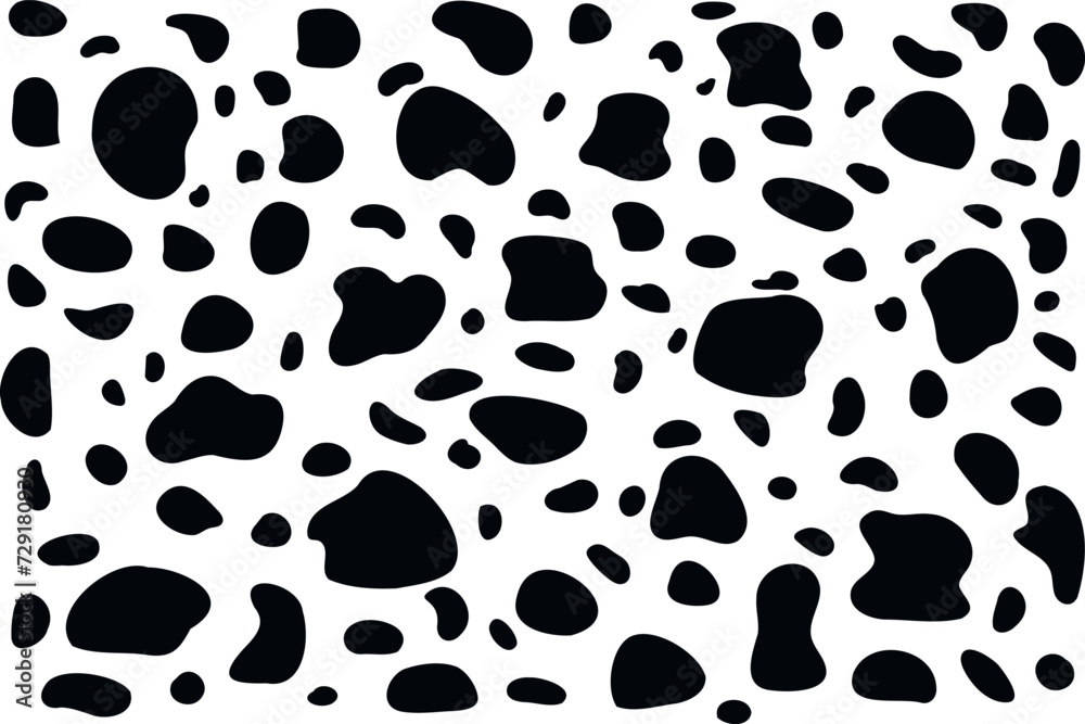 Dalmatian black and white pattern. Seamless cow print. Animal skin texture. Abstract black drops and blob shape set. Collection of paint liquid blotch spot irregular form - obrazy, fototapety, plakaty 