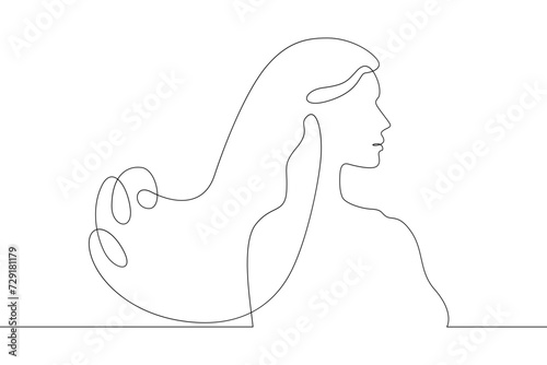 Girl with luxury long hair. Hair blowing in the wind. Portrait profile of a woman. Women's hairstyle. One continuous line drawing. Linear. Hand drawn, white background. One line