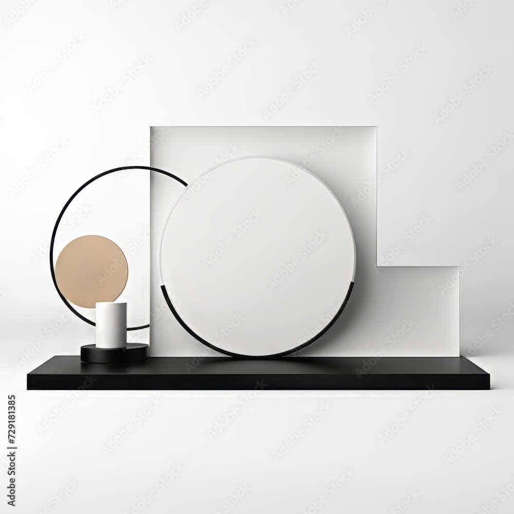 Podium for product presentation with round frame and round mirror Podium for product presentation with round frame and round mirror