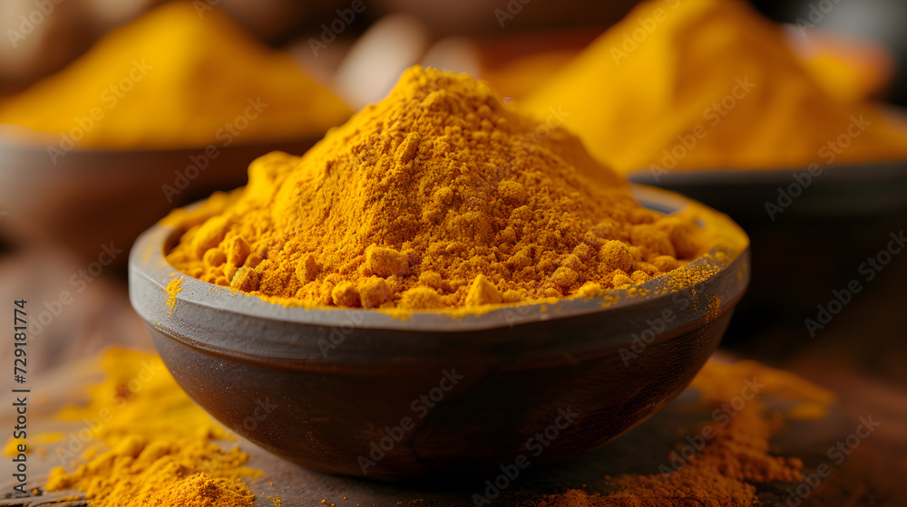 A photo of turmeric powder, with vibrant yellow tones as the background, during a traditional Indian cooking demonstration A photo of turmeric powder, with vibrant yellow tones as the background, during a traditional Indian cooking demonstration