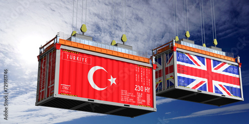 Shipping containers with flags of Turkiye and United Kingdom - 3D illustration photo