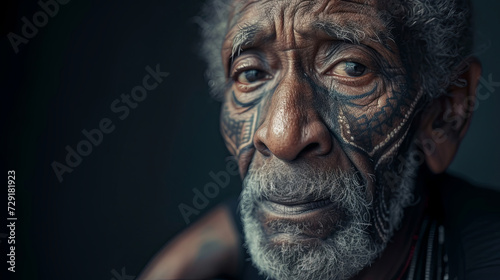 African American senior man with a unique facial tattoo