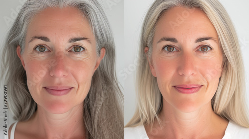 Before After photo of anti aging skin treatment of woman  in her 40s with grey hair, before she has wrinkles and fine lines, afterwards smooth glowing skin and younger, microneedling ipl at clinic photo