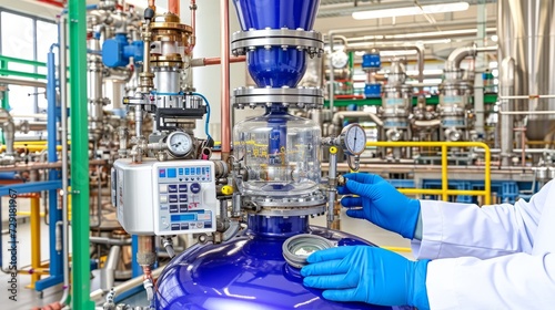 Hands in blue gloves. Equipment, measuring equipment. Instruments., technician working in a factory, laboratorie