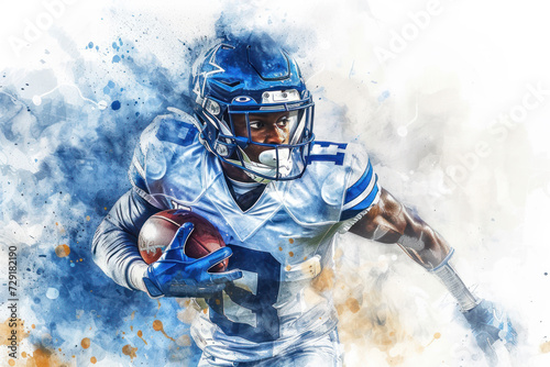 American football player in action, woman blue watercolour with copy space