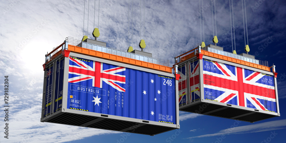 Shipping containers with flags of Australia and United Kingdom - 3D illustration