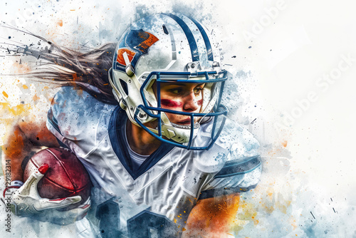 American football player in action, woman blue watercolour with copy space