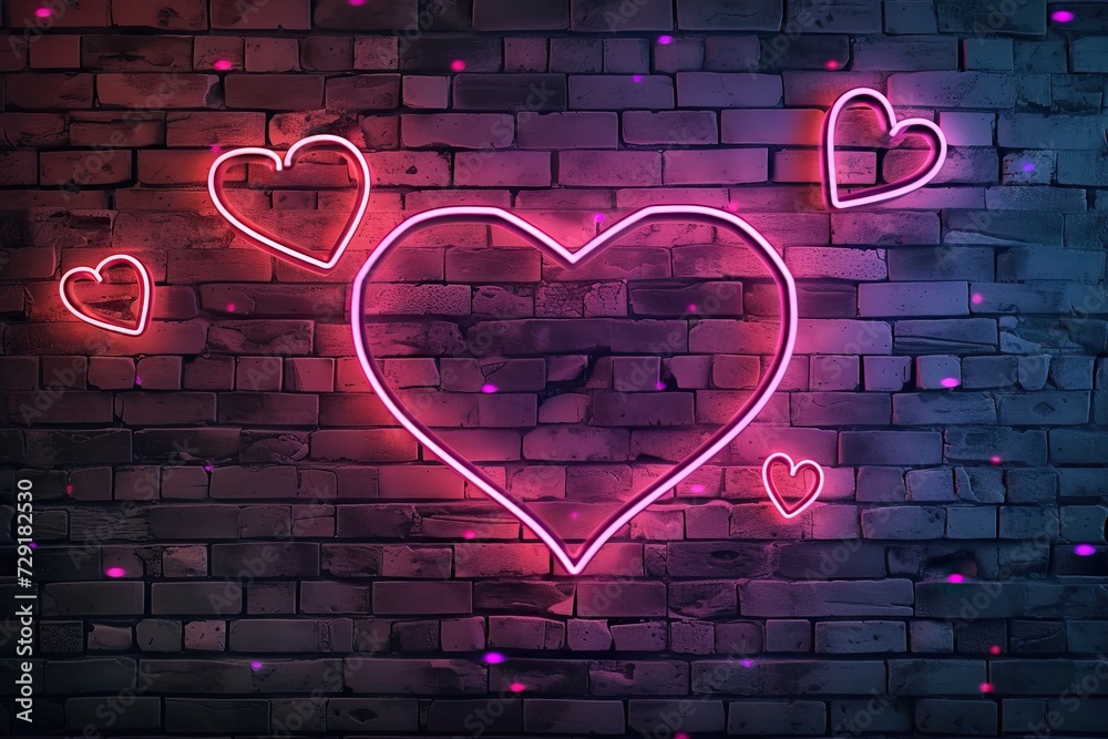 Radiant neon heart shaped frame rustic brick wall background for ...
