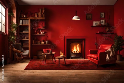 interior of there  room with red background in the fire background with chimney blowing into   fore   photo