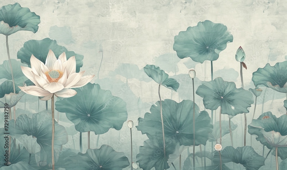 Serene lotus flowers in watercolor, ideal for wellness, spa, or botanical art themes, Template for making bed linen wallpaper.