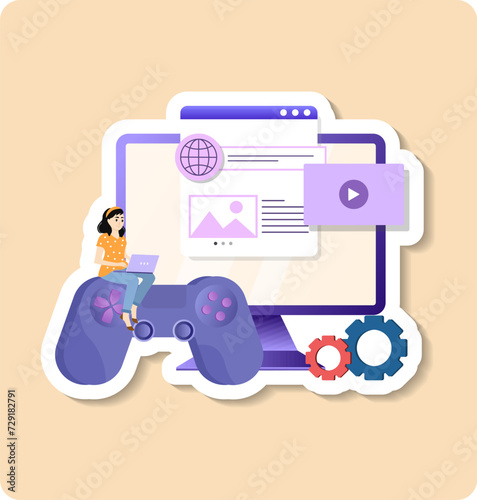 Gamification sticker illustration. Development video games. Girl write code for program and application. Charming characters with controller next to screen. Modern technologies. Flat vector sticker